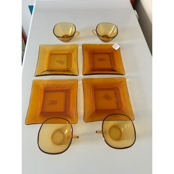 Amber Glass Teacup Saucer Set Square Dessert Vintage Amber Glassware - Picture 2 of 4